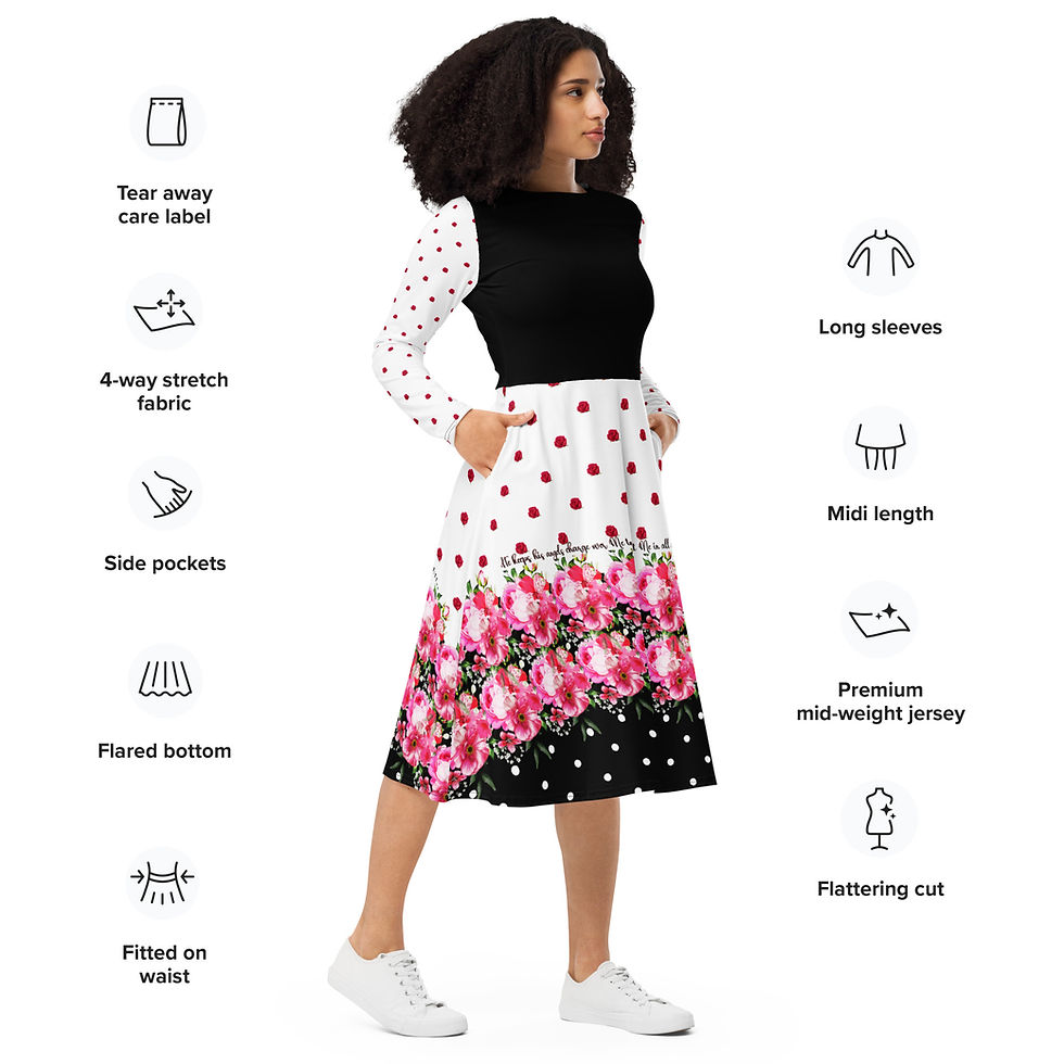 Lady wearing all over print midi dress with hands in pocket