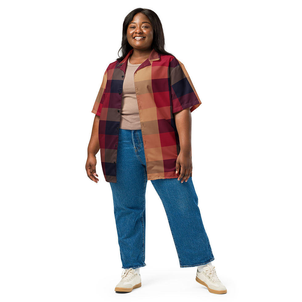 Thumbnail: Front view of a plus-size woman wearing a unisex red plaid button-up shirt flying the shirt