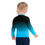 Thumbnail: Back view of a playful kid wearing a custom designed black and blue rash guard for boys