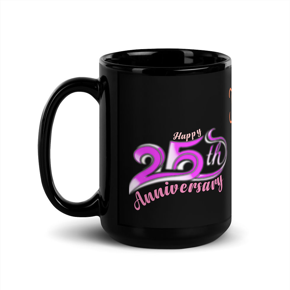 Thumbnail: Left-side view of an 15oz 25th anniversary black glossy mug designed for a Super Mom on display in online shop