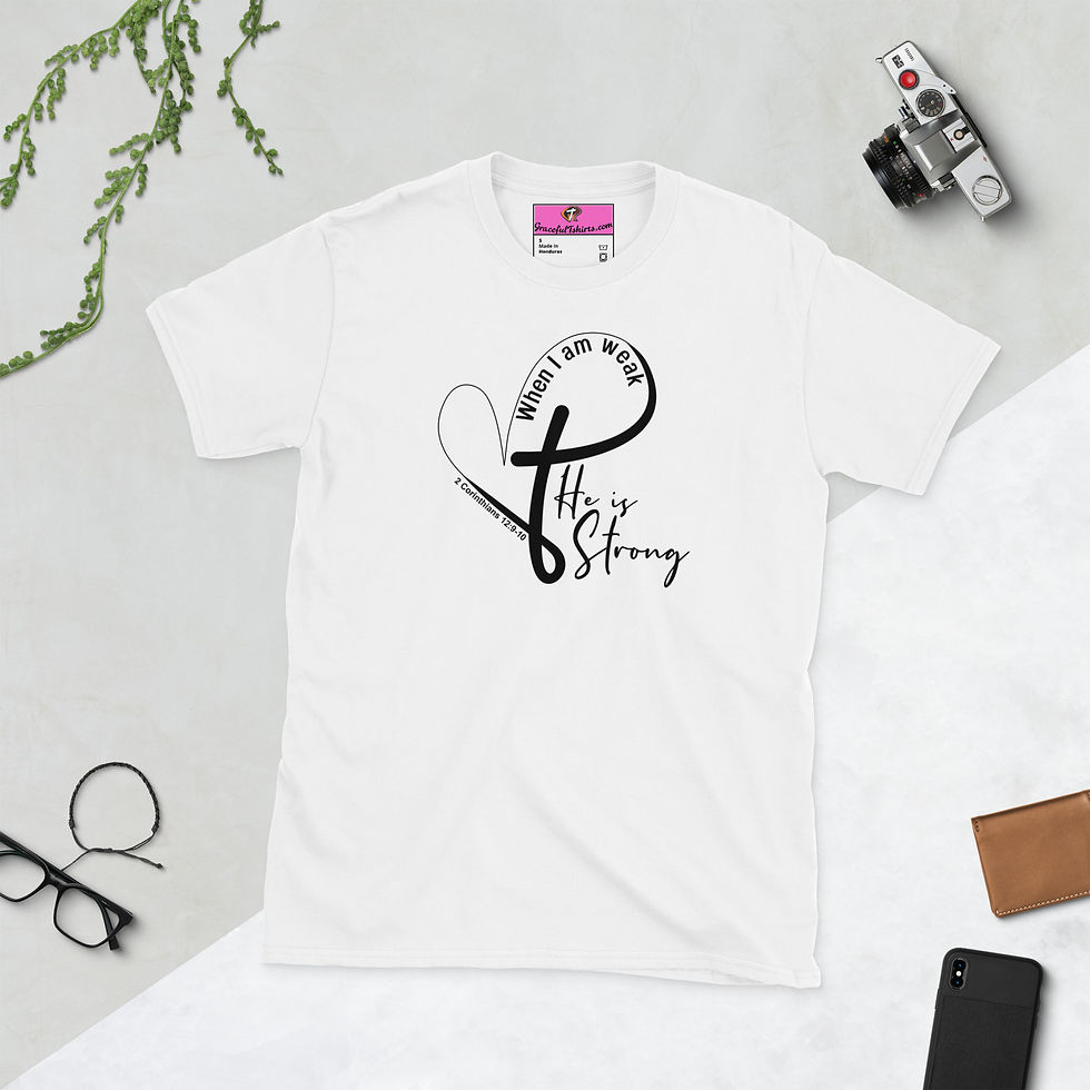 Thumbnail: Front view of a lady wearing a white t-Shirt custom made with Biblical inscription for sale online
