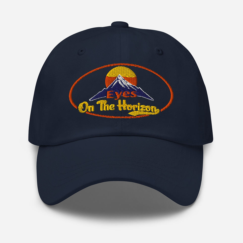 A black face cap embroidered with the words "Eyes on the Horizon"