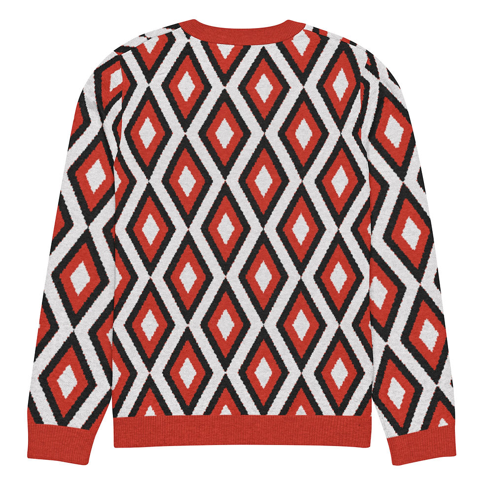 Thumbnail: Back view of a knitted unisex crew neck sweater laid flat