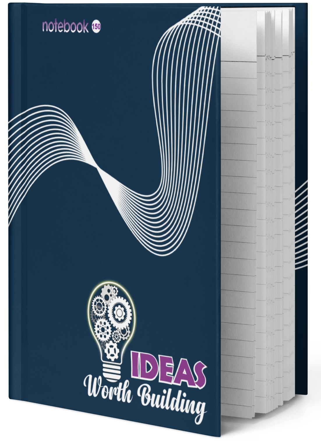 Blue hardcover notebook with white wave lines and gear lightbulb cover, labeled IDEAS Worth Building, shown open.
