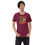 Thumbnail: Front view of a man and woman wearing a maroon unisex T-shirt custom designed with Biblical inscription pocket both hands