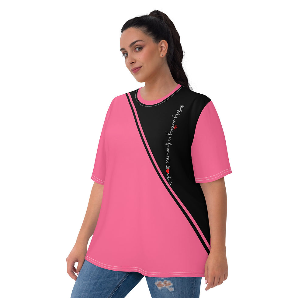 Left-side view of a woman dressed in pink women's crew neck t-shirt designed with Bible verse inscription pose with smile