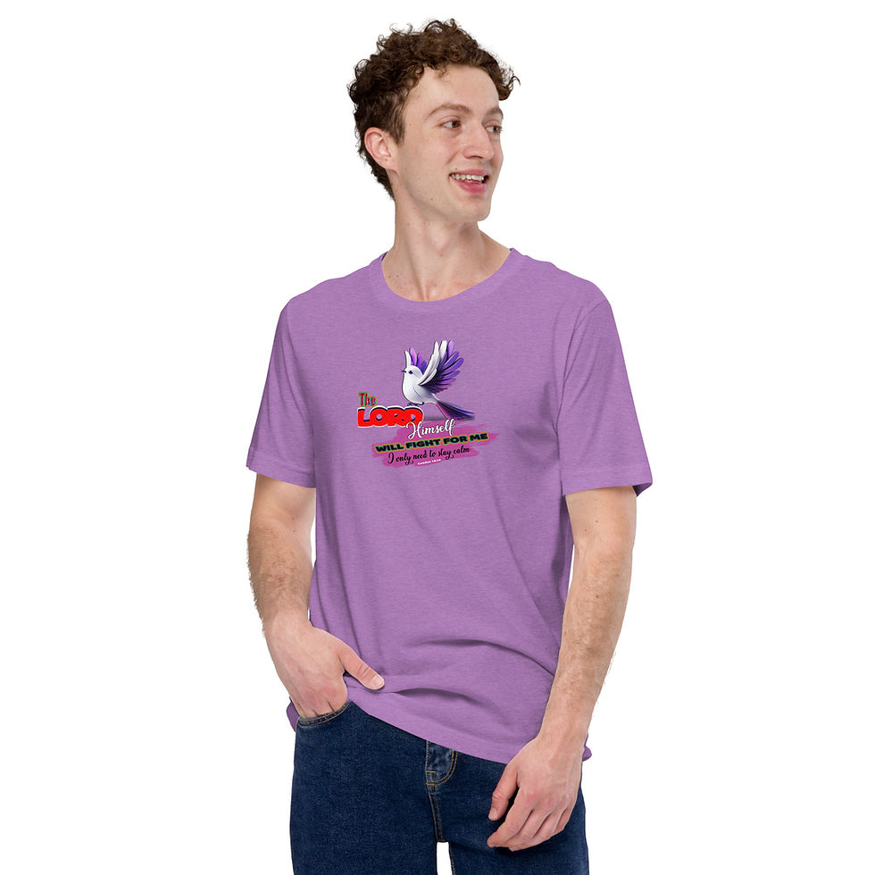 Thumbnail: Front view of a man wearing heather team purple T-shirt designed with Biblical inscription pocketing one hand for sale online