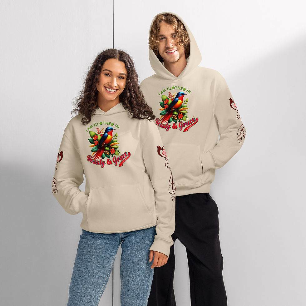Thumbnail: A couple wearing a milk-color heavyweight hoodie designed with a beautiful bird perched on flowers