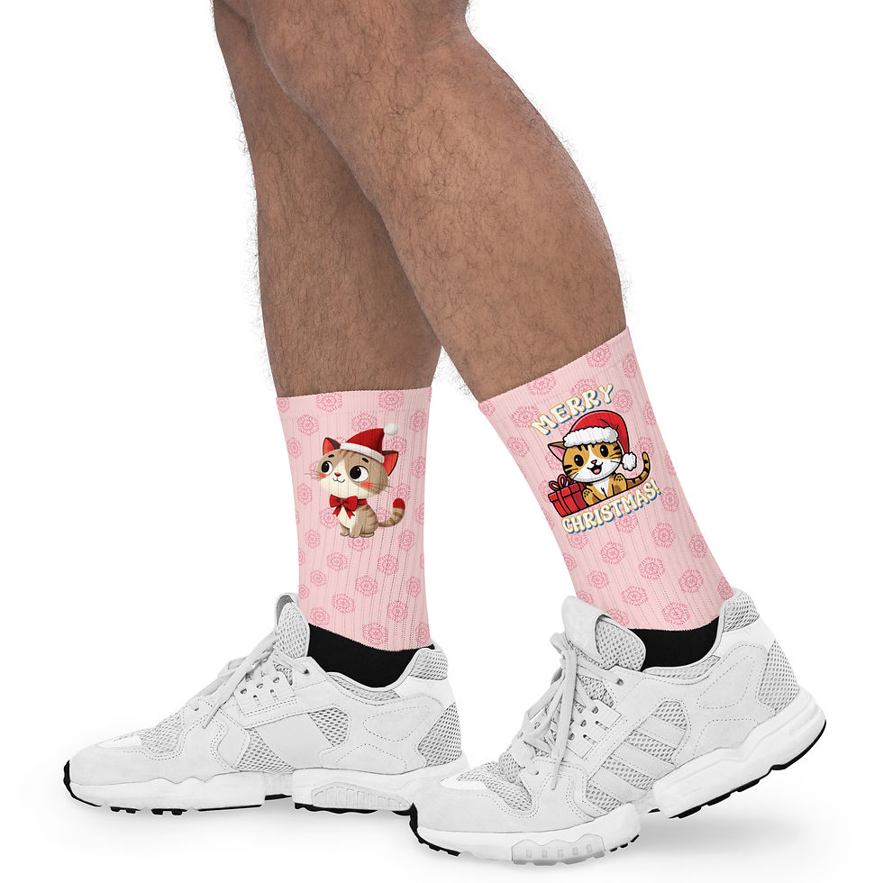 Left-side view of legs bearing cat pink Christmas socks for sale online