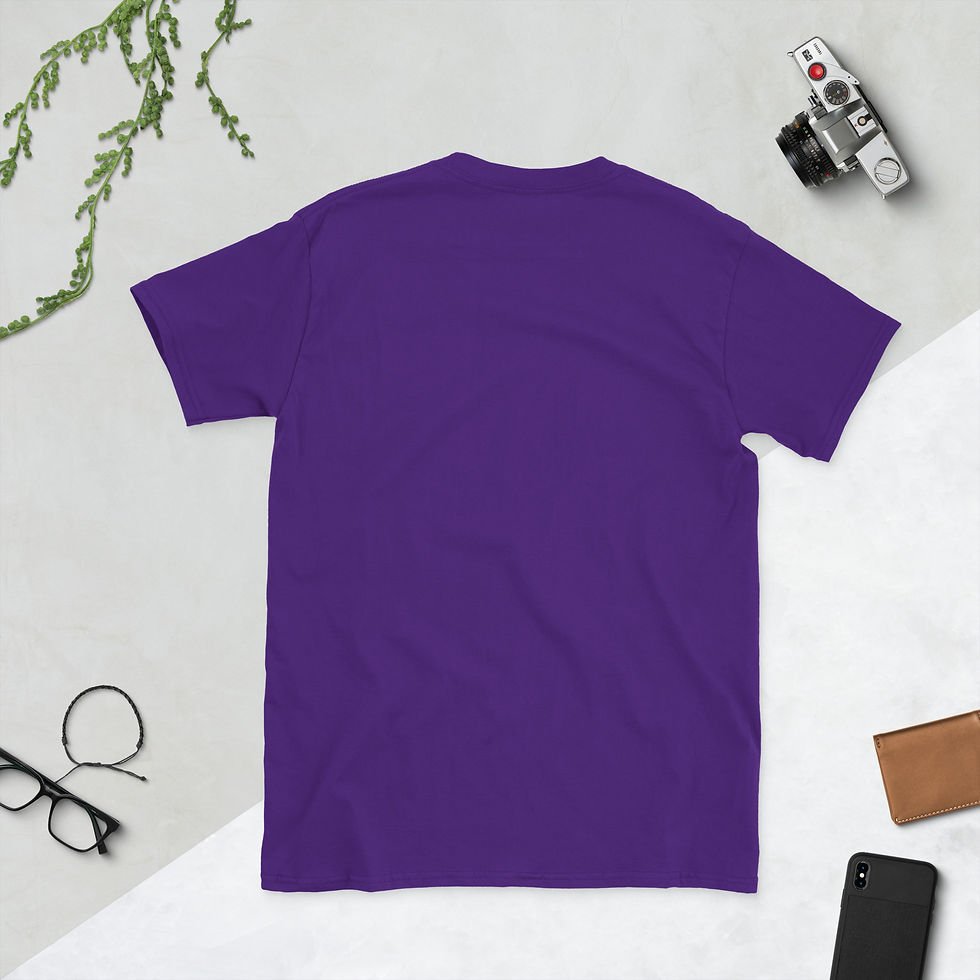 Thumbnail: Back view of a lady wearing a purple t-Shirt custom made with Biblical inscription place between flowers for sale online