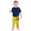 Thumbnail: Front view of a kid wearing bright colored tropical kids leggings pose with right hand raised