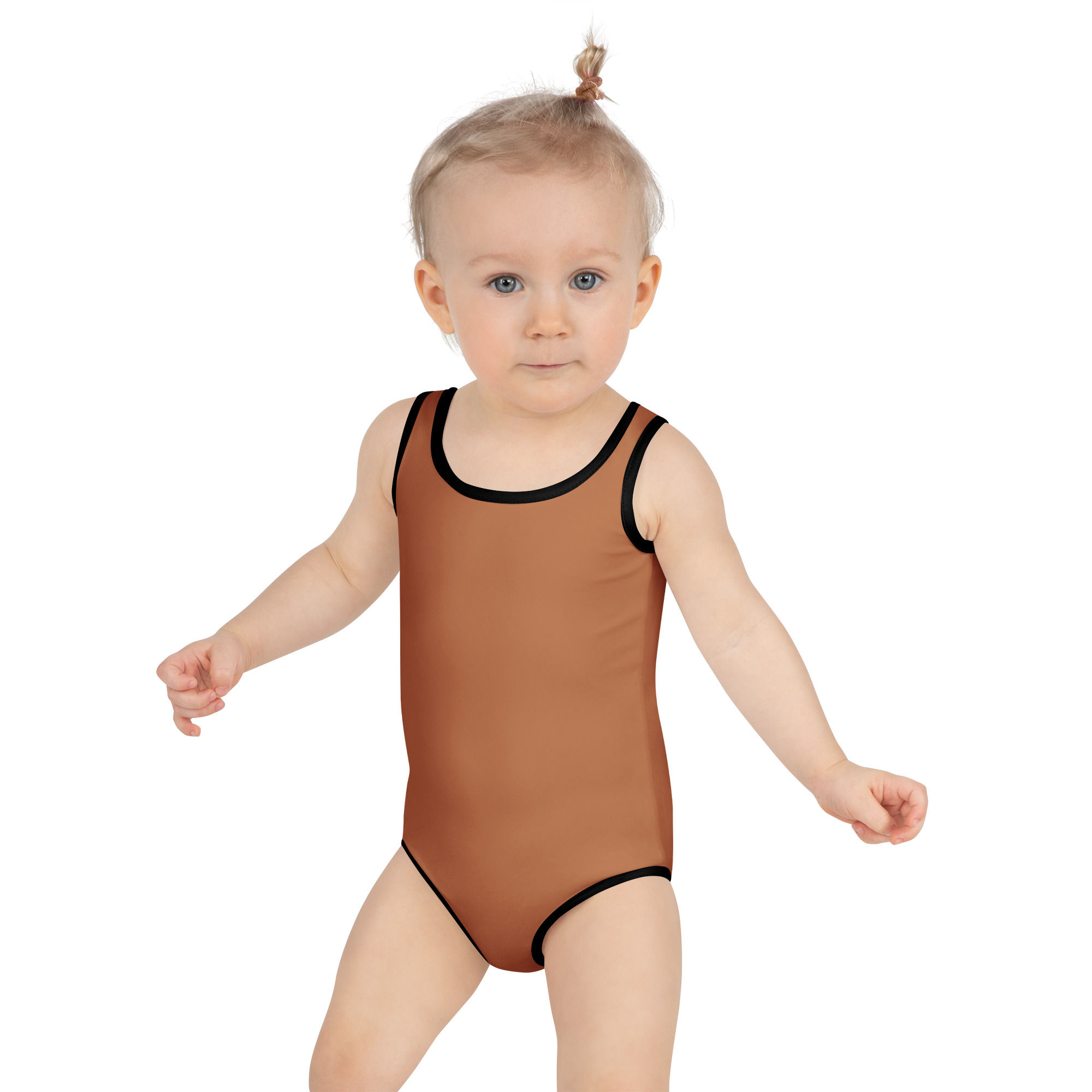 Front view of a toddler dressed in brown swimsuit with black lining designed for kids for sale online