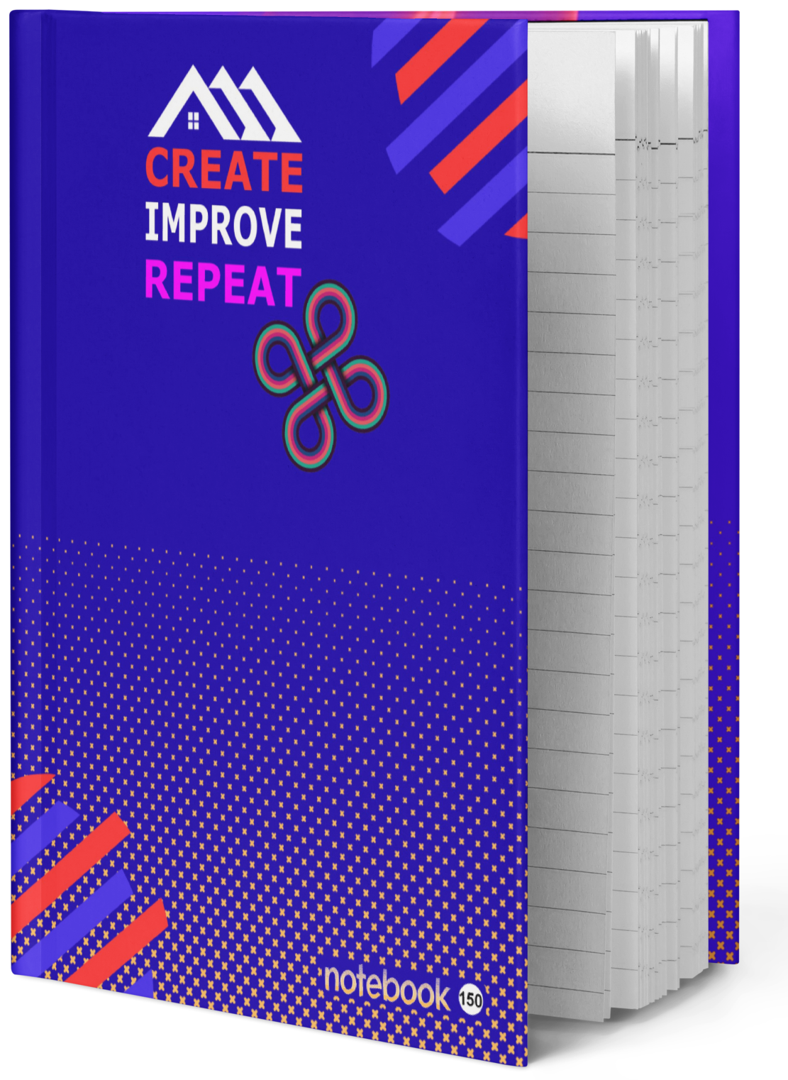 Purple notebook cover reading CREATE IMPROVE REPEAT with a white house icon, colorful stripes, and open lined pages.