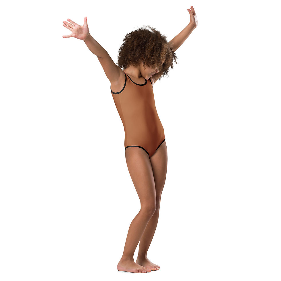 Thumbnail: Front view of a girl raising hands and dressed in brown swimsuit with black lining  designed for kids for sale online
