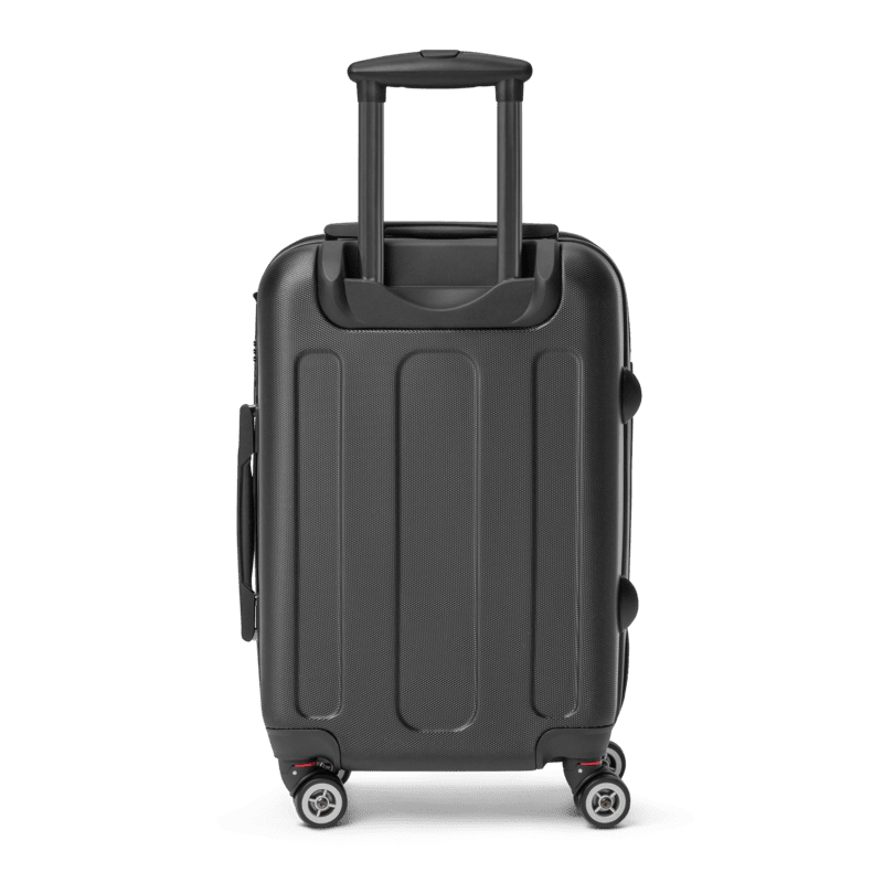 Thumbnail: Back view of small Hard-Shell suitcase designed with  maroon background mixed with gold and purple petals at the center