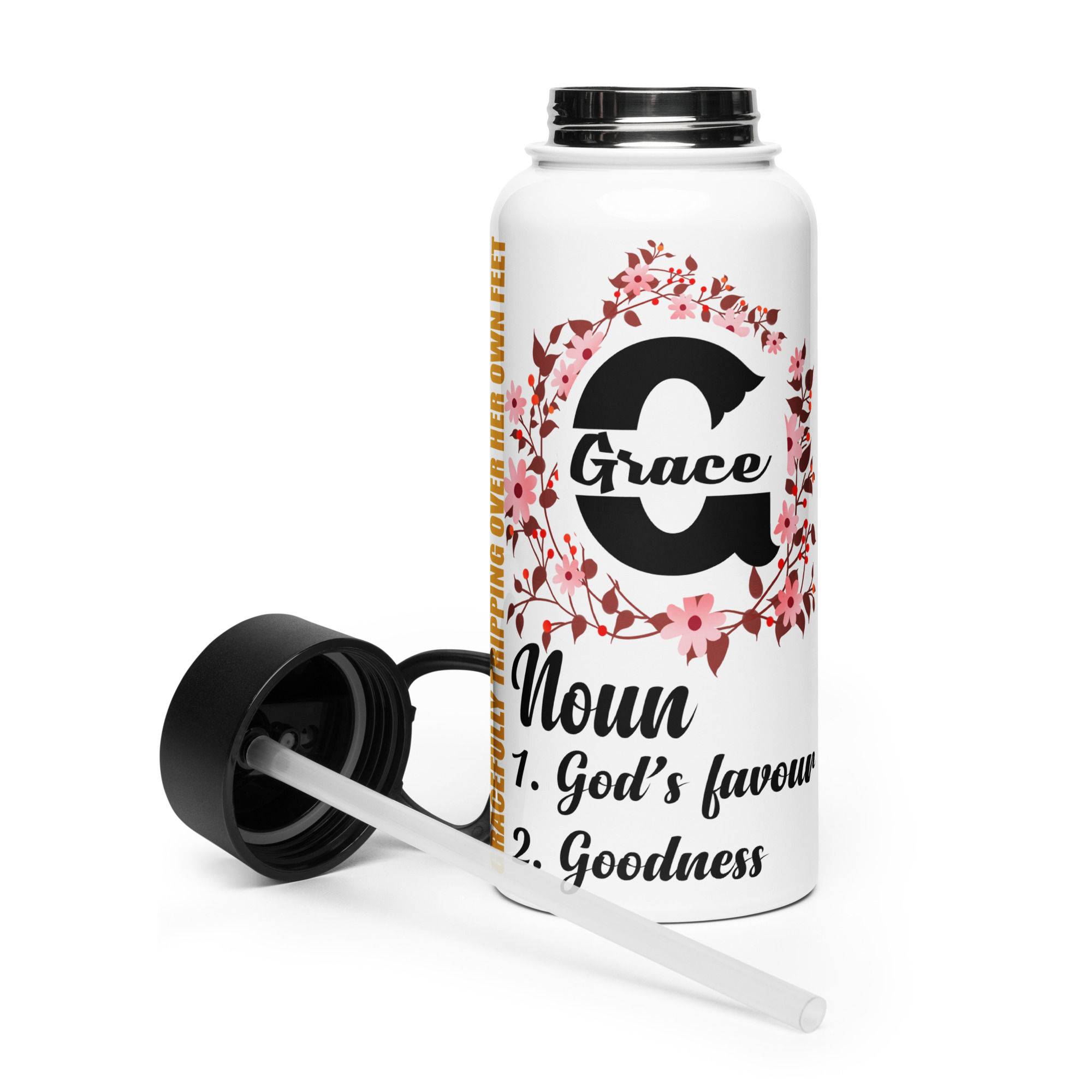A custom stainless steel water bottle designed with pink flowers for the name Grace with open cover