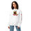 Thumbnail: Front view of a lady wearing a white heavyweight hoodie designed with a beautiful bird perched on flowers