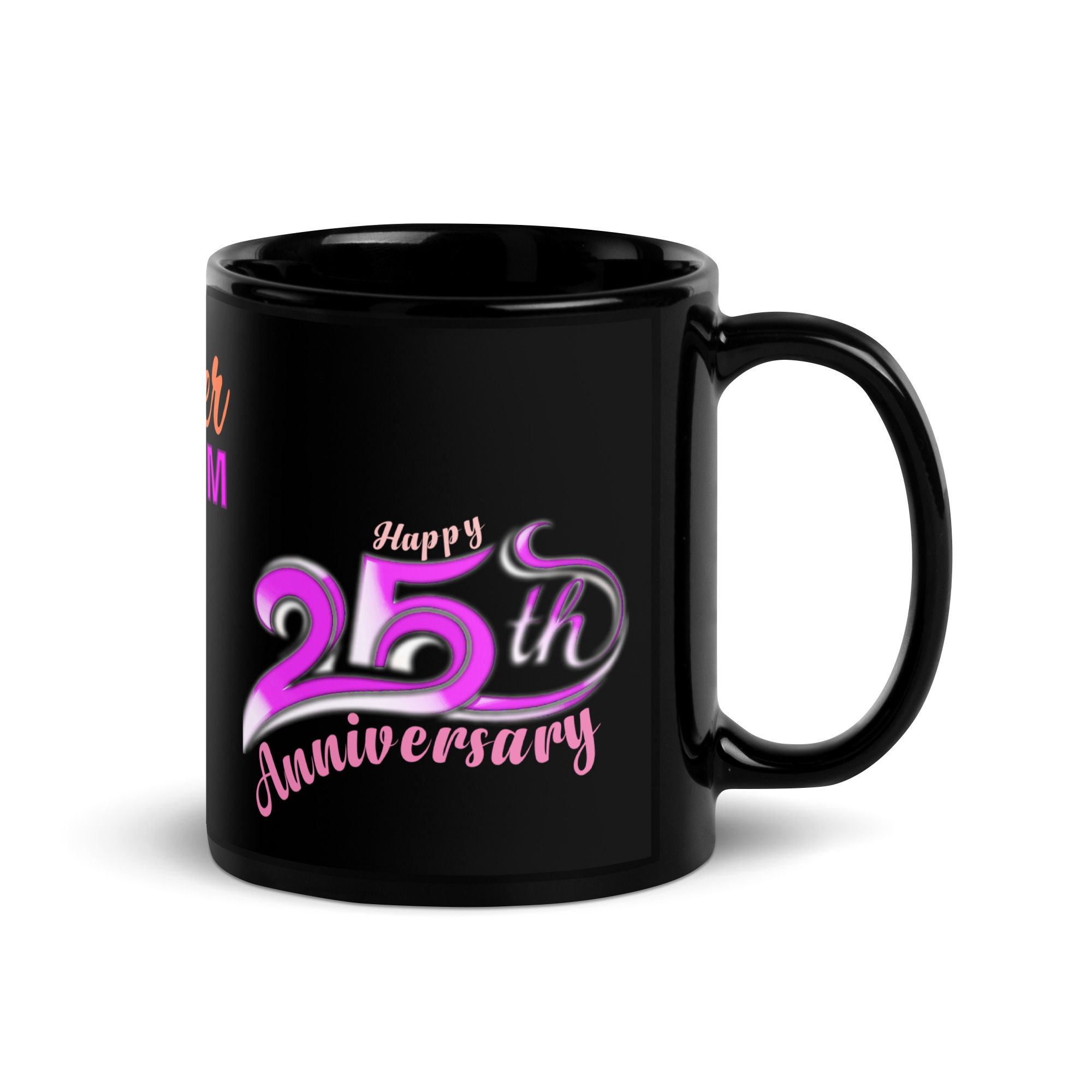 Right-side view of an 11oz 25th anniversary black glossy mug designed for a Super Mom on display in online store