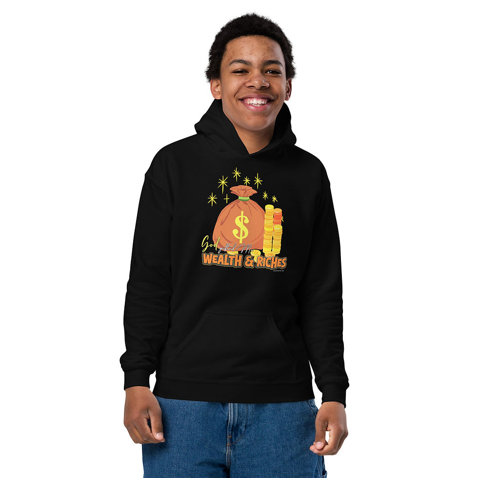 Thumbnail: Front view of a smiling boy dressed in youths black heavy blend hoodie custom designed with Biblical inscription