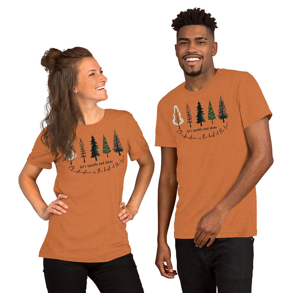Thumbnail: Front view of a smiling couple wearing heather autumn color Christmas Tree T-shirt for sale online
