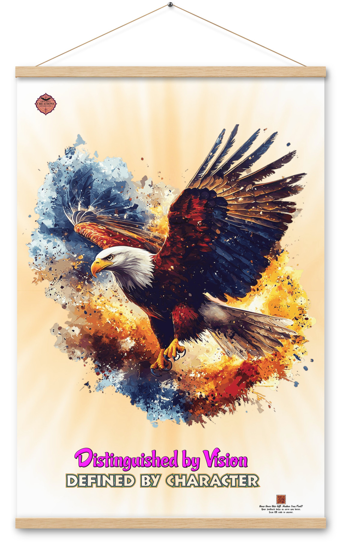 Hanging poster of a soaring bald eagle in blue and orange paint splashes, with text Distinguish by Vision and Defined by Character