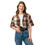 Thumbnail: Front view of a woman wearing brown plaid unisex button-up shirt for sale online