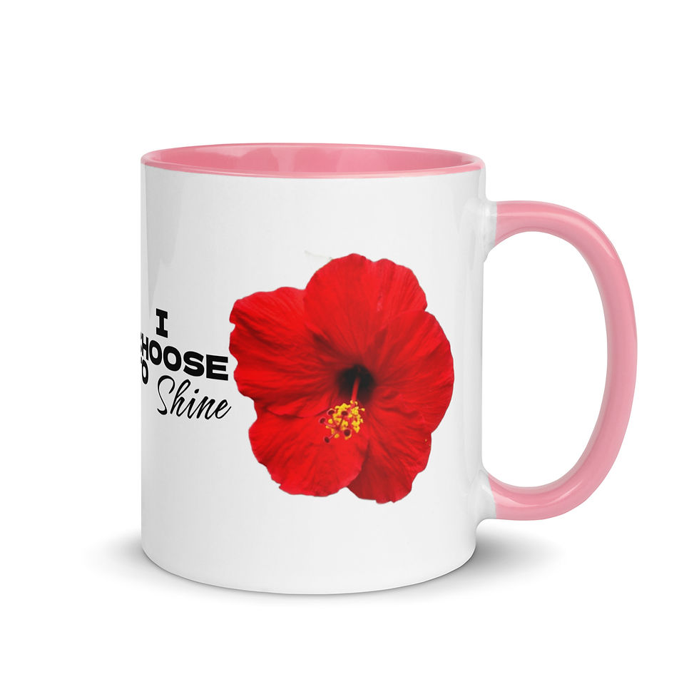 Thumbnail: Right-side view of an 11oz white glossy mug with pink handle designed with red flower and an inscription to shine on display