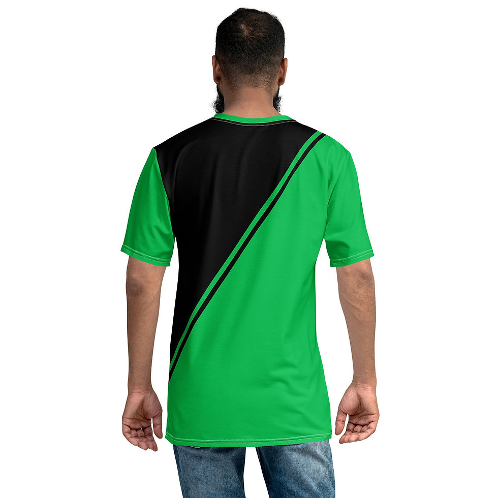Thumbnail: Back view of a man wearing all-over-print green and black men's crew neck t-shirt with Biblical inscription taking a step