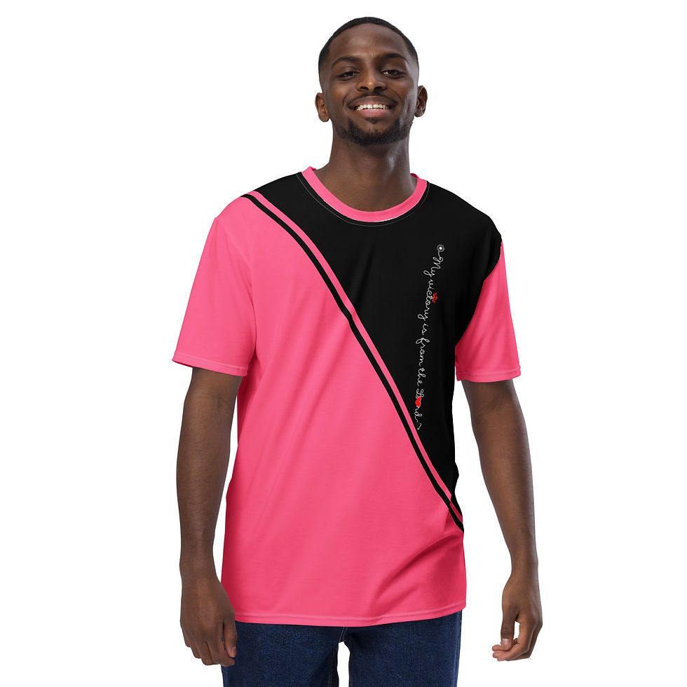 Thumbnail: Front view of a man dressed in pink and black all-over-print crew neck t-shirt designed with Bible verse inscription smiling