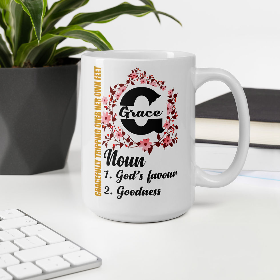 Thumbnail: Display of white glossy mug personalized for Grace designed with light-pink flowers and inscribed with the meaning of Grace