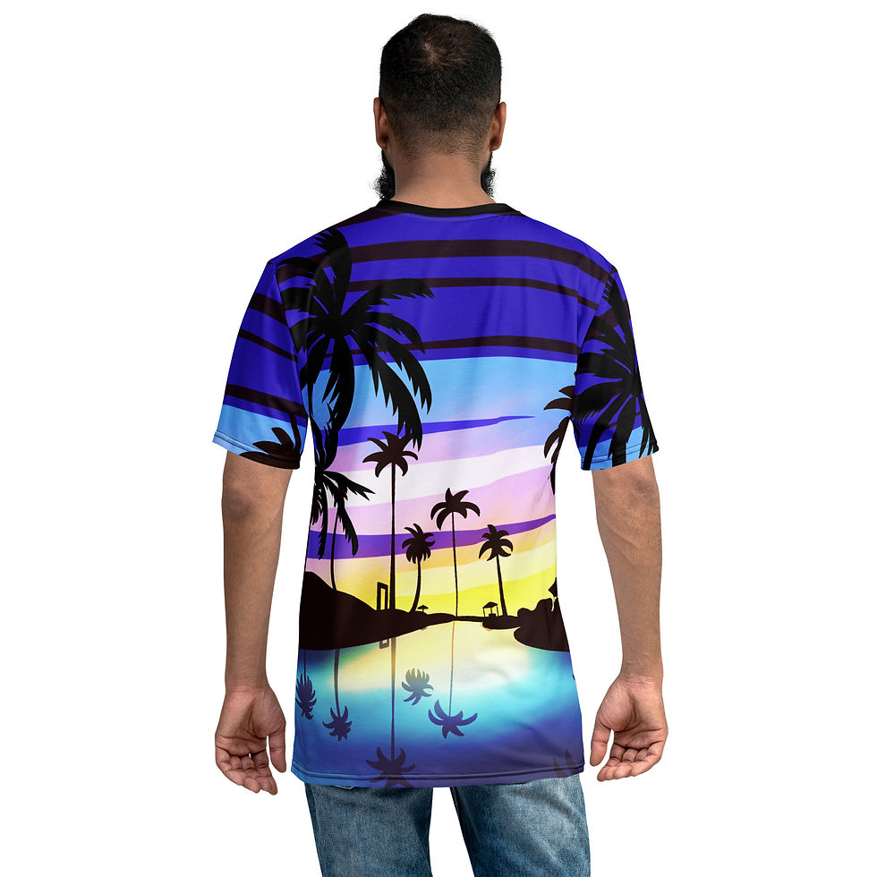 Thumbnail: Back view of a man wearing men's crew neck t-shirt custom designed with palm trees over the horizon for sale online