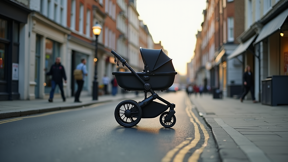 Eye-level view of a modern pram parked on a London street