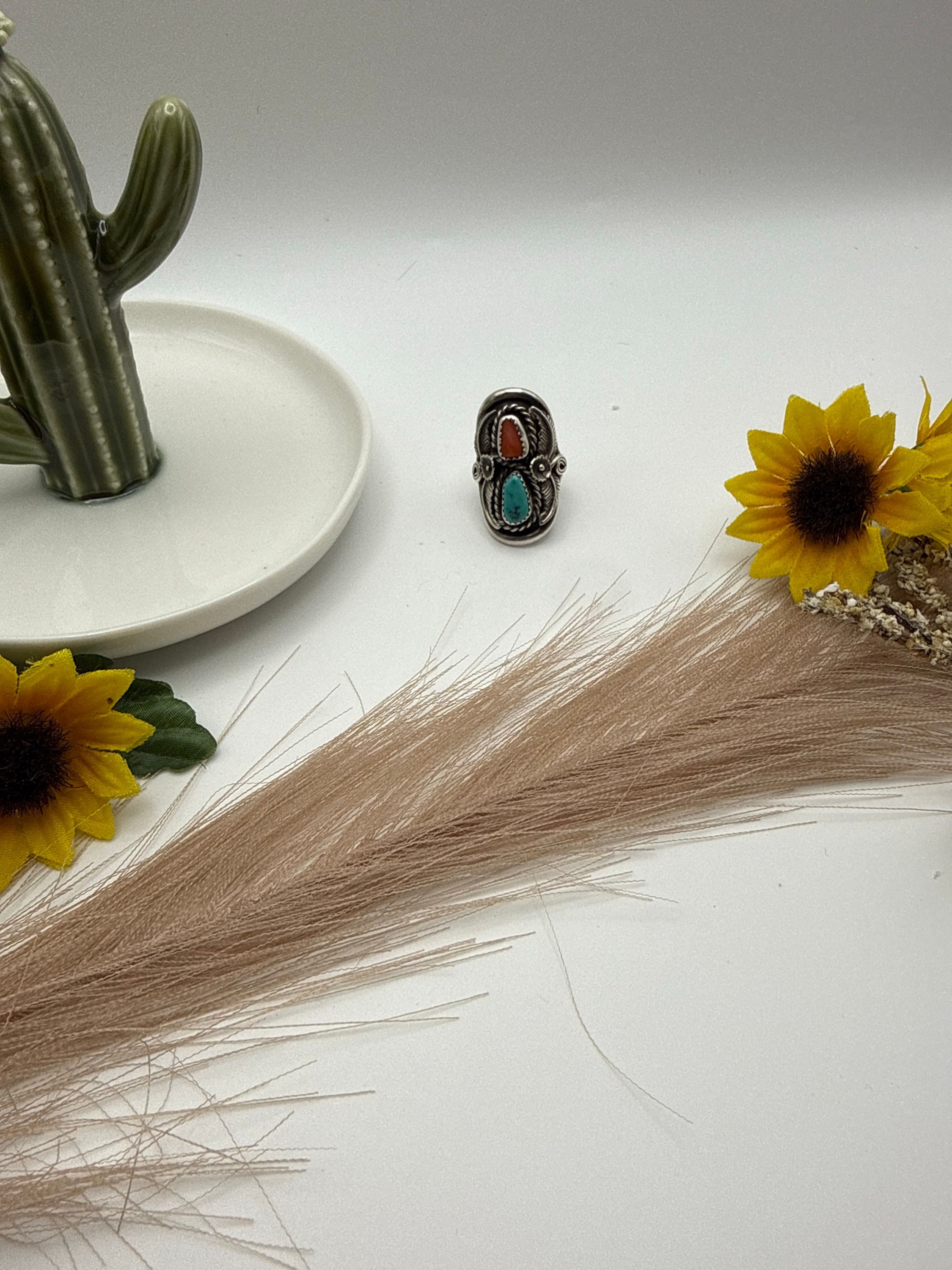 Turquoise and coral stone ring stamped B arrowhead