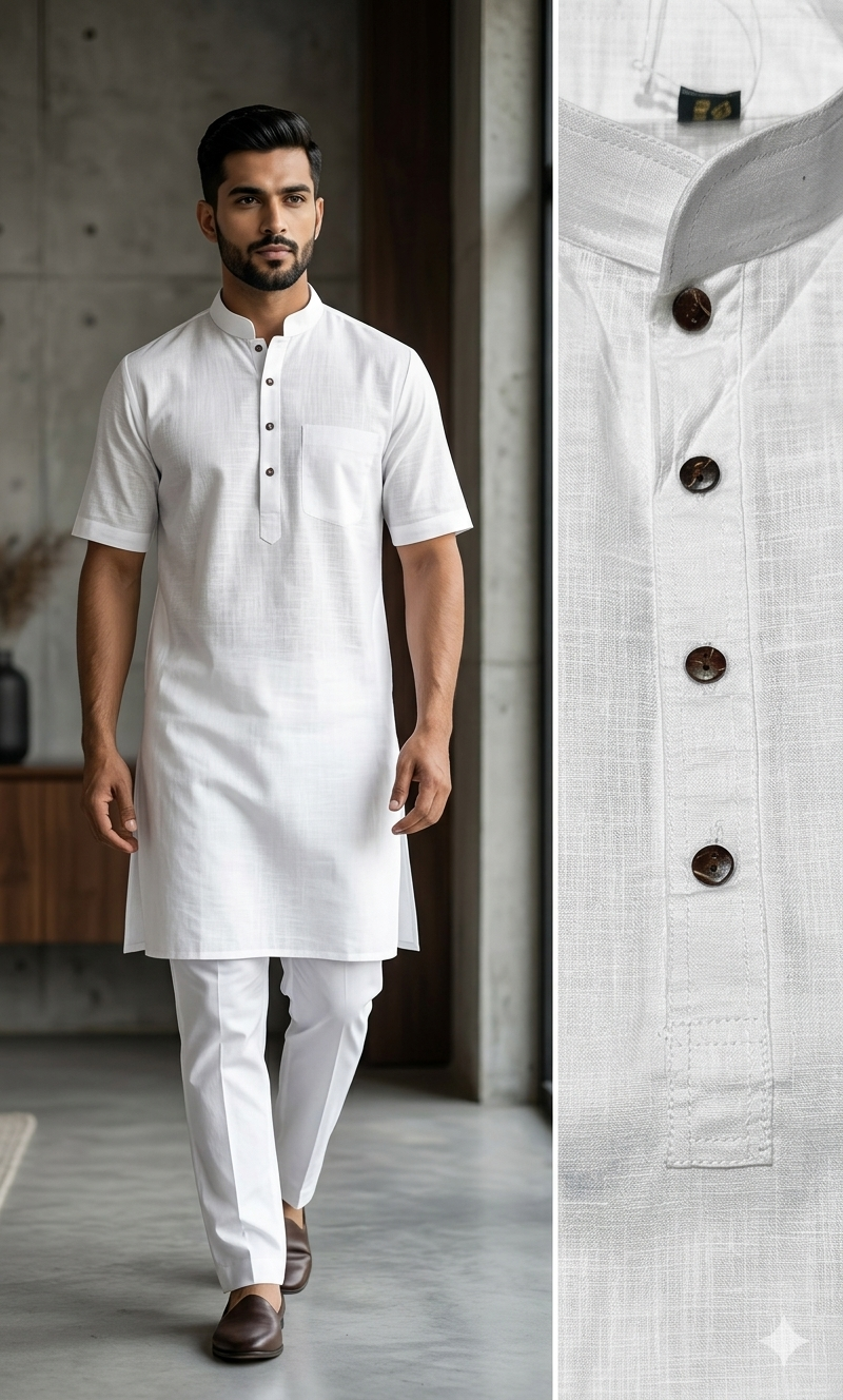 COTTON LINEN HALFSLEEVE KURTA WHITE