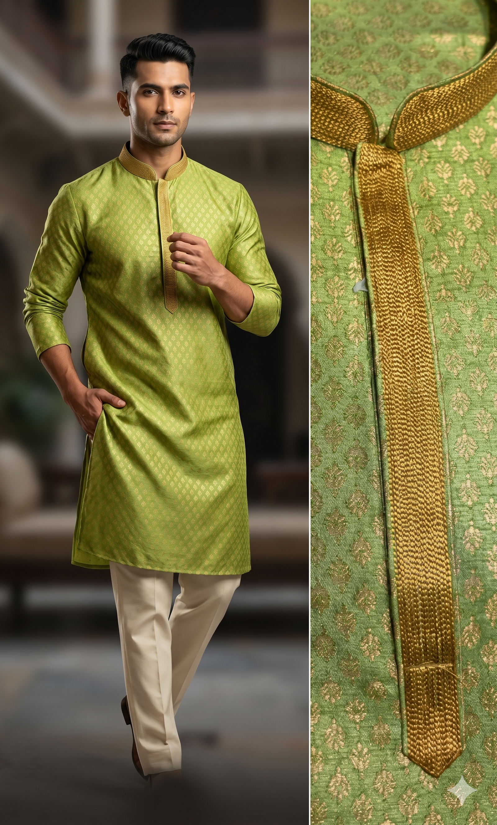 MANNAT DNO - 51 BROCADE SILK KURTA PAJAMA SET OLIVE GREEN