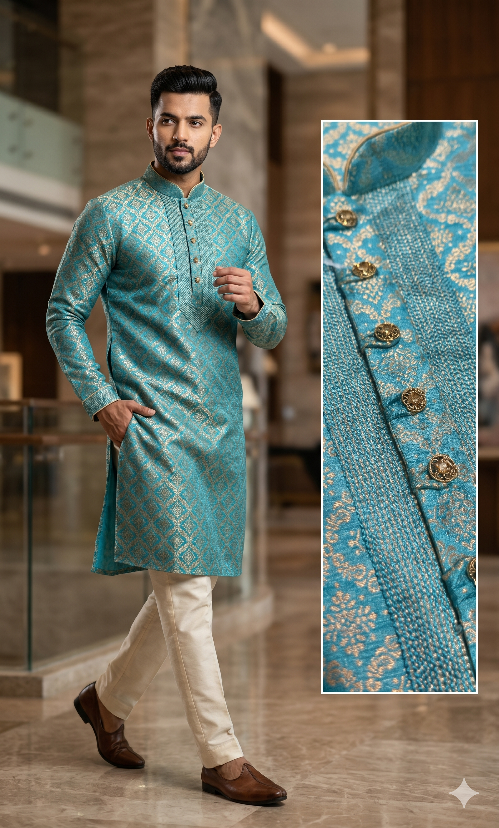 MANNAT DNO - JP3 BROCADE SILK KURTA PAJAMA SET PEACOCK BLUE