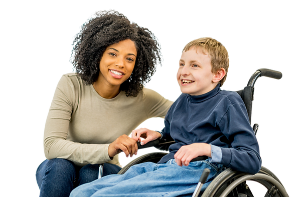 African American woman kneeling down next to a patient in wheelchair