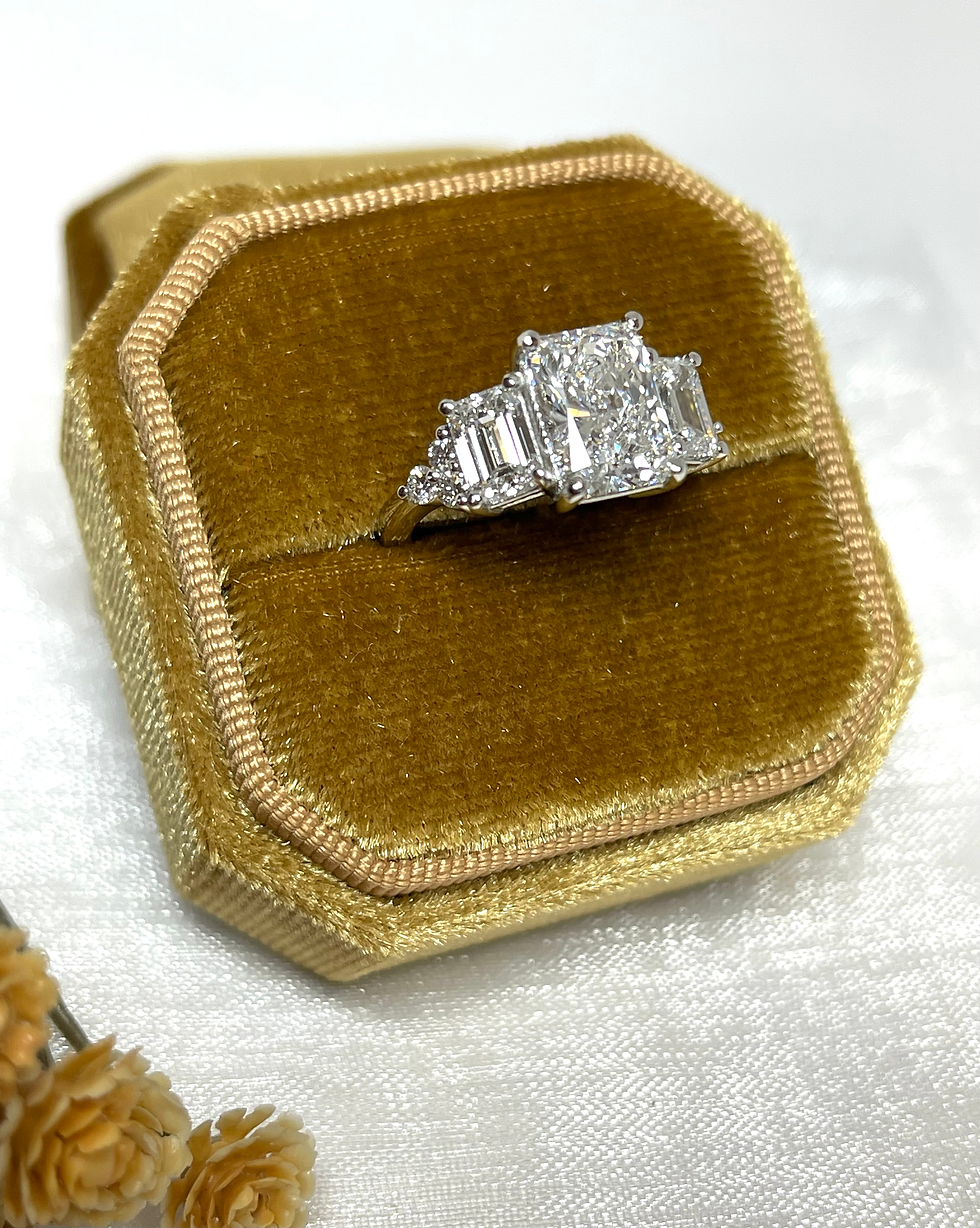 Thumbnail: CUSTOM MADE EMERALD CUT THREE STONE  WITH ACCENTS ENGAGEMENT RING 