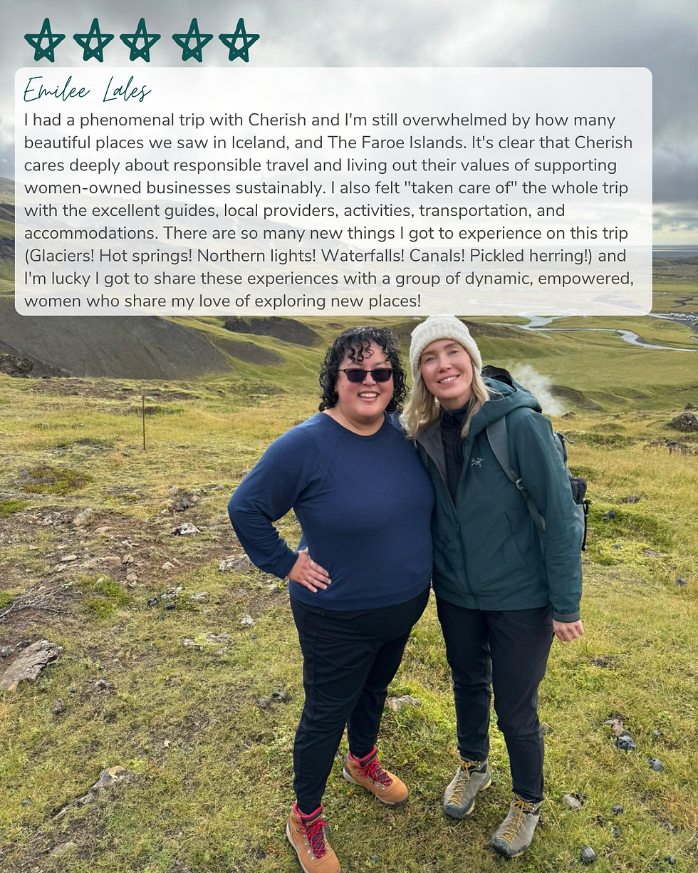 Two people in hiking gear smile in a green, rocky landscape. Text overlay praises a travel experience in Iceland and the Faroe Islands.