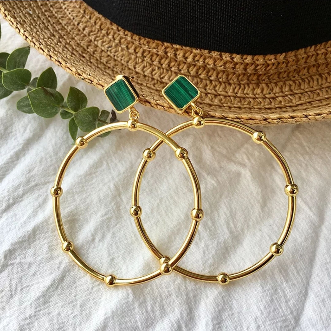 Malachite Gold Hoop Clip-on Earrings