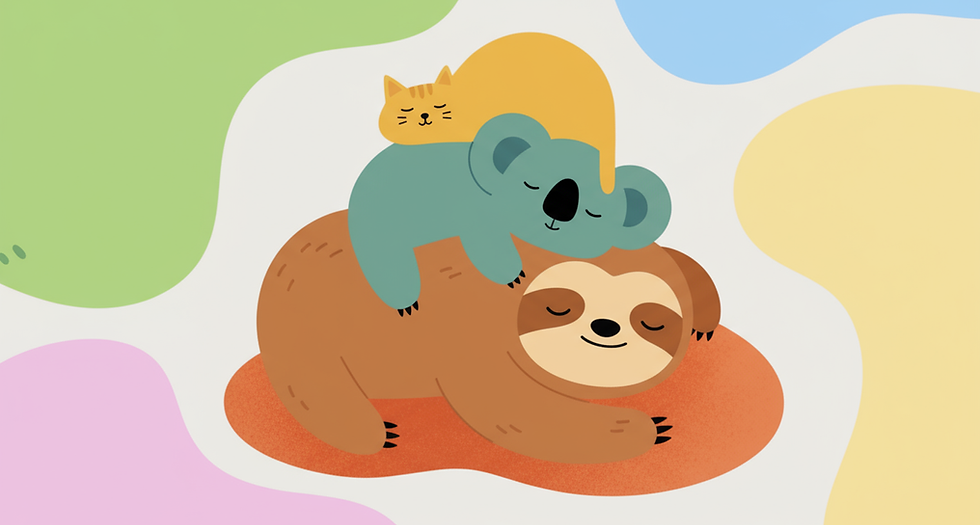 Playful El Nido Edu Play artwork with sleeping sloth, koala, and cat symbolizing comfort and safe space for early childhood 
