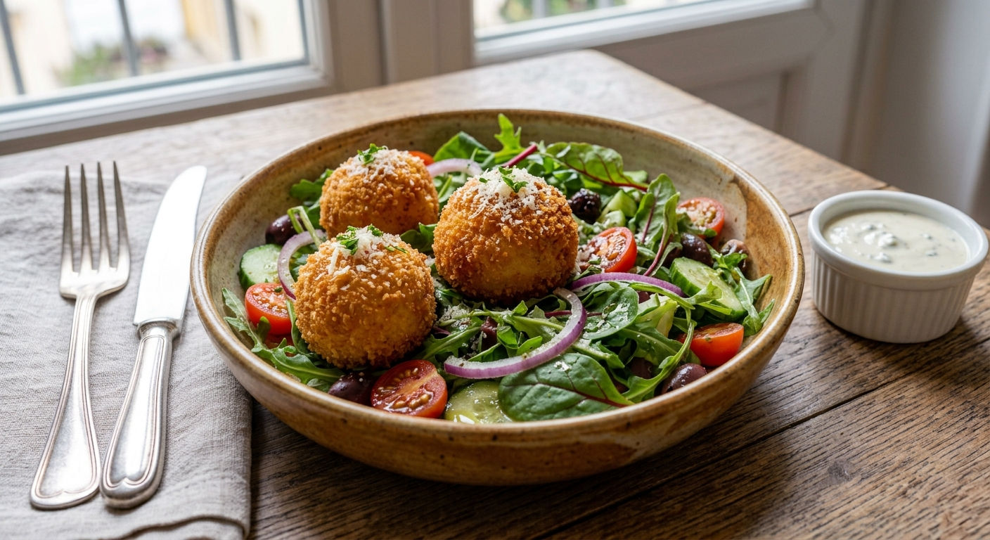 Boulettes de riz au fromage (3) & sa salade
