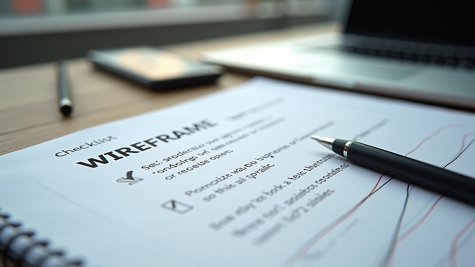 High angle view of a website wireframe and SEO checklist on a desk