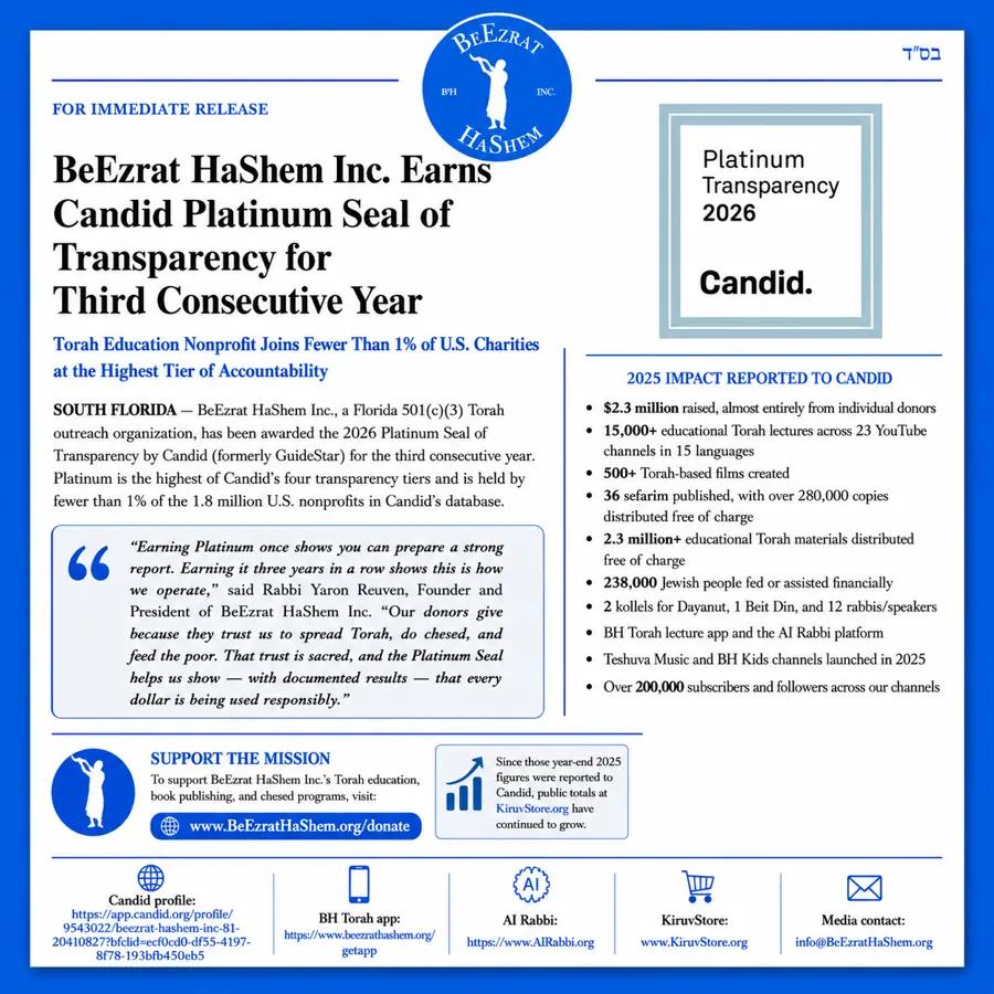 Press release: BeEzrat HaShem Inc. earns Candid Platinum Seal of Transparency for third consecutive year
