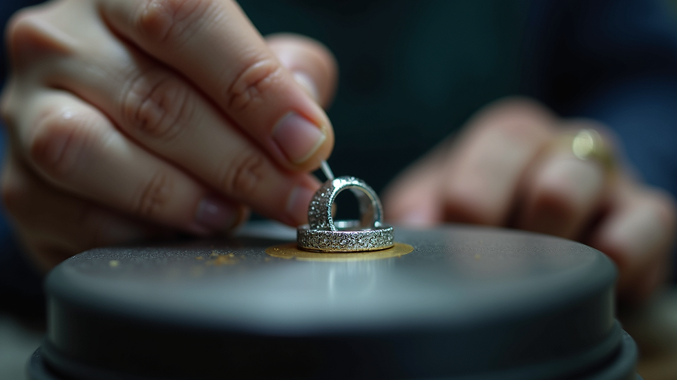 Eye-level view of a jeweler polishing a resized silver ring on a polishing wheel