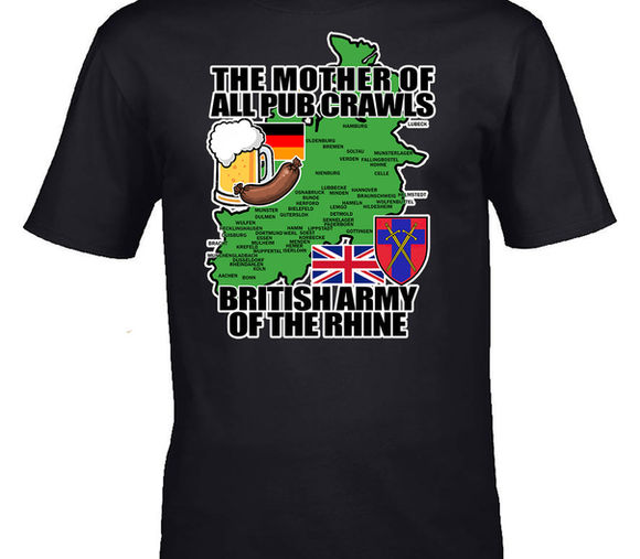 Vintage-style tee showcasing a BAOR-themed pub crawl route—nostalgic nod to Cold War camaraderie and off-duty antics.