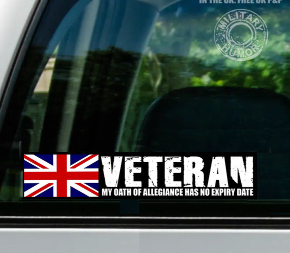 Collection of waterproof car stickers featuring British military humor, Cold War veteran pride, and support for UK armed forces