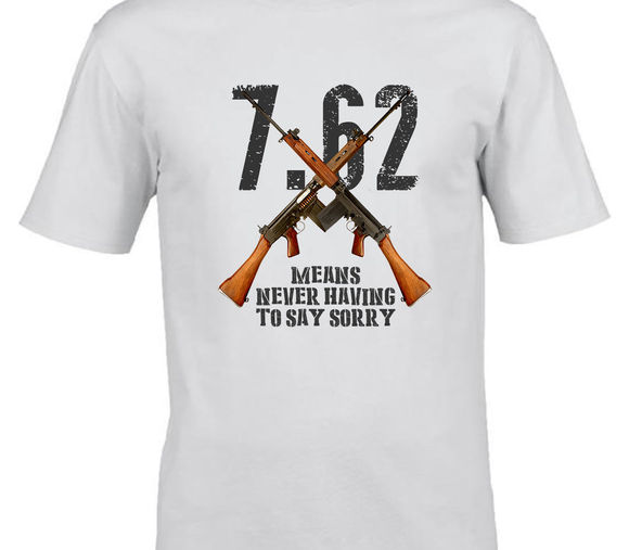 Bold black tee with ‘7.62 Never Say Sorry’ slogan and crossed SLR rifles—celebrating legendary British firepower with unapologetic pride.