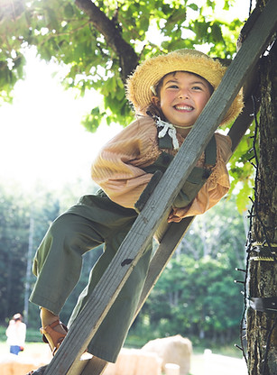 a happy child on a ladder in Margo's Garden enjoying the summer sunshine