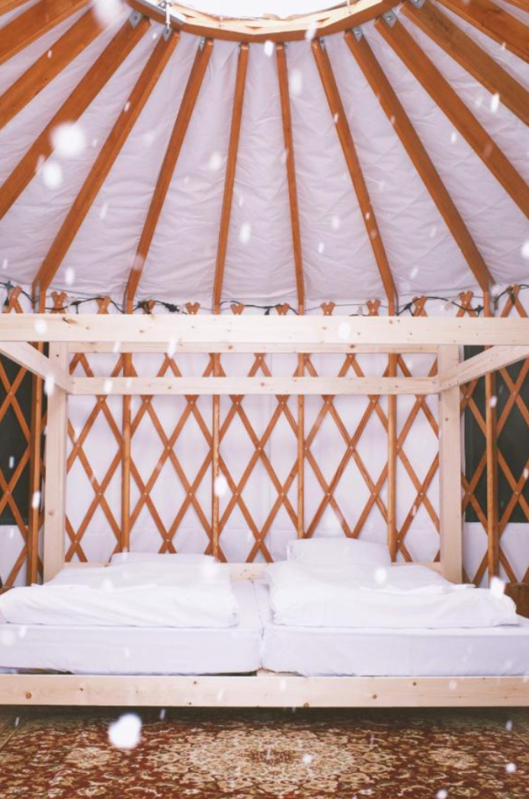 The yurts on a snowy day at Margos Garden, Otaru, Hokkaido, Japan.